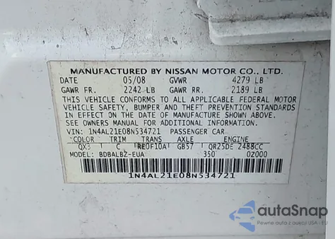 2008 Nissan Altima 2.5 S из США, поврежденный, VIN 1N4AL21E08N534721